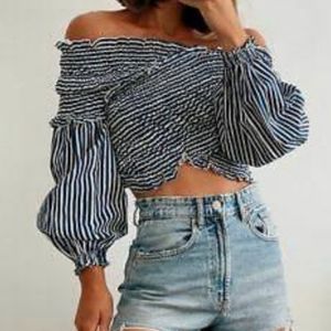 Zara navy striped smocked wide sleeve cropped blouse